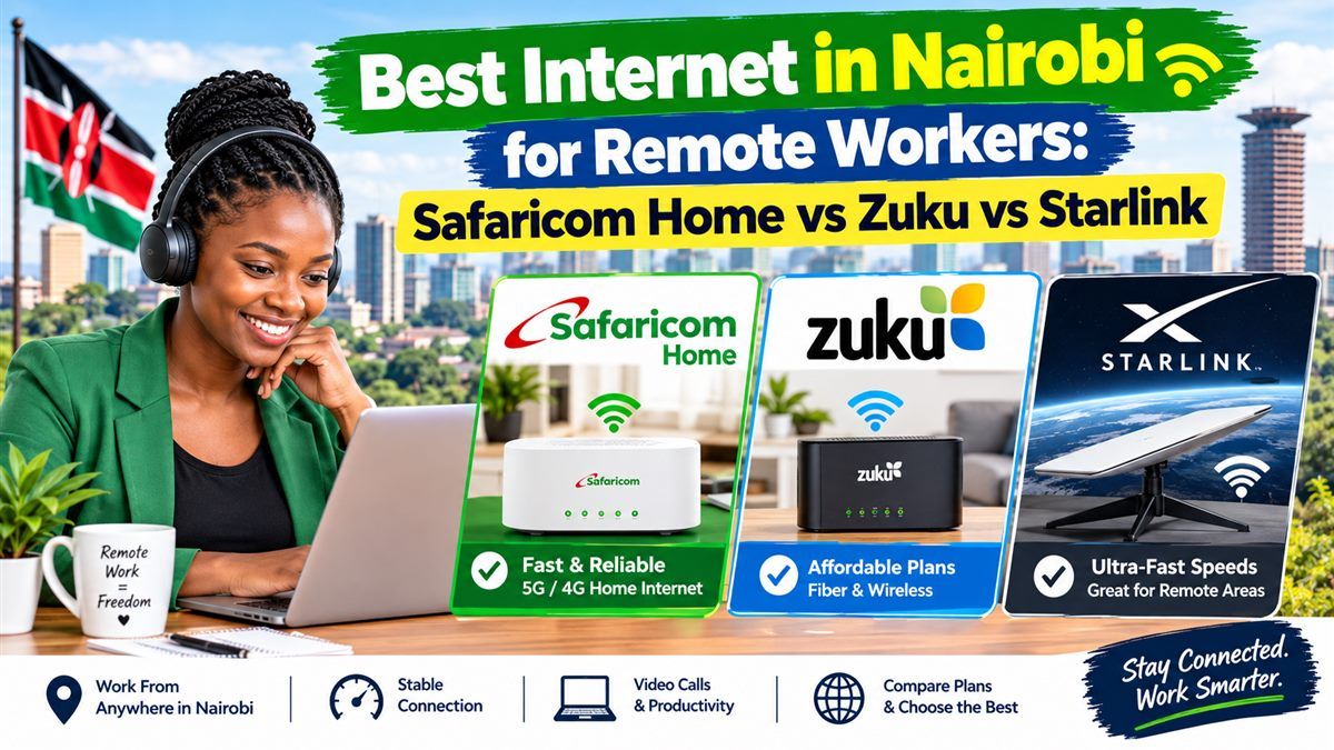 Remote worker comparing internet providers in Nairobi: Safaricom Home, Zuku, and Starlink routers shown side by side