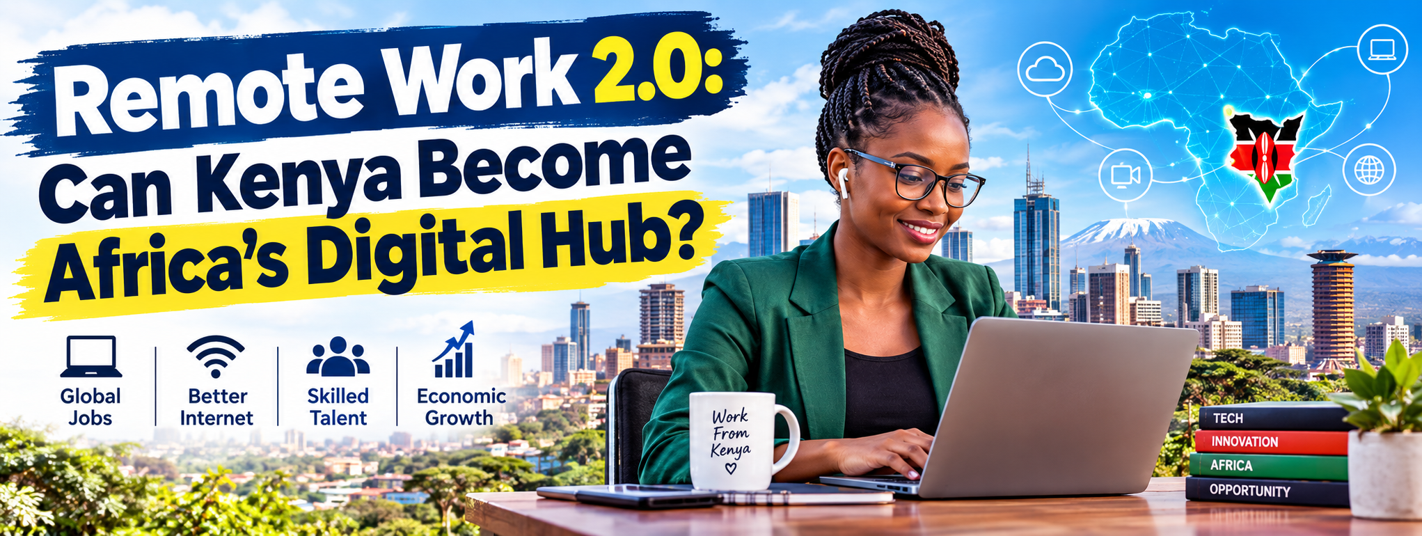 A Kenyan freelancer working remotely with a laptop, representing Kenya digital workforce opportunity